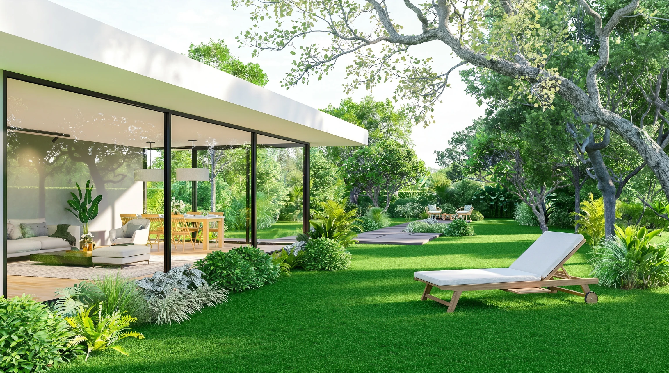 Jardin paysager avec pelouse entretenue, massifs de rhododendrons roses en fleurs, arbustes variés et arbres matures