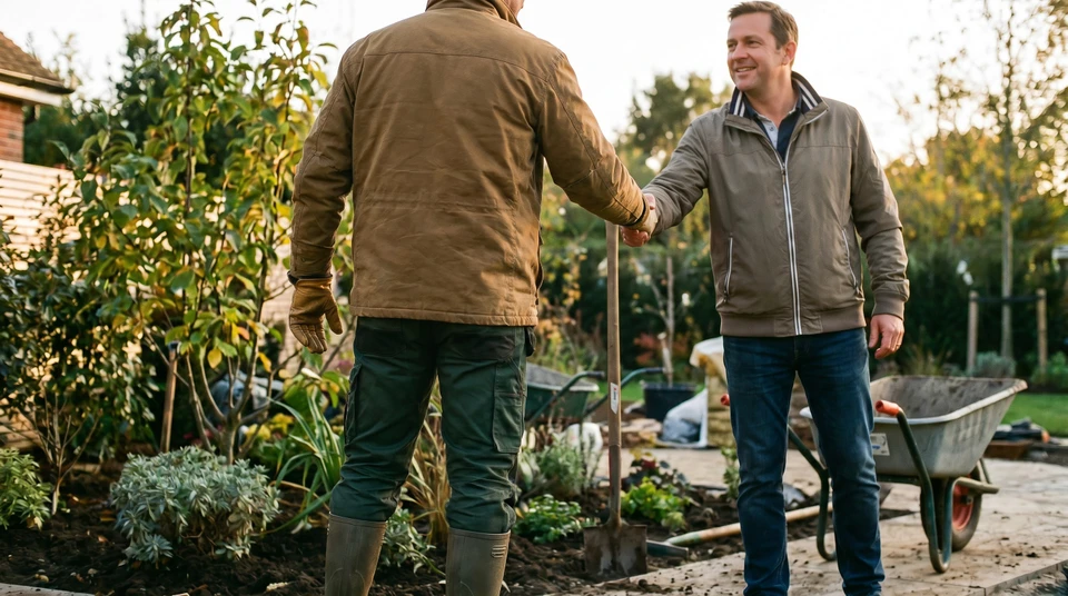 Un paysagiste en gilet ou tenue de travail consultant avec un client dans un jardin ou sur un chantier, tous deux observant ensemble l'espace à aménager ou discutant des travaux en cours. La scène doit montrer clairement une interaction professionnelle, une proximité humaine et un engagement direct, dans un contexte extérieur de jardin ou d'aménagement paysager. Photographie réaliste de qualité professionnelle.